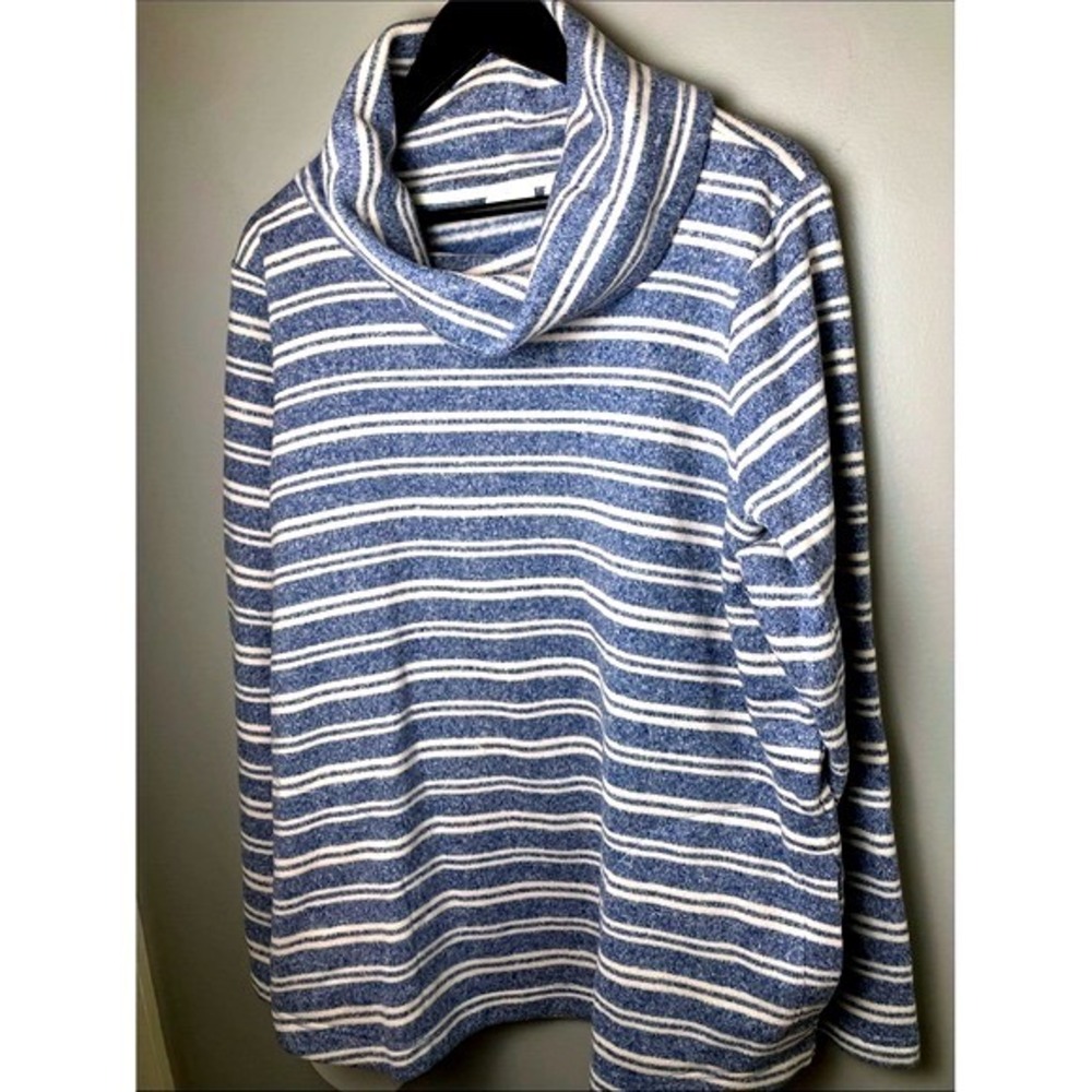 L.L. Bean Blue Striped Cowl Neck Top Women's Plus Size 1X Pockets Cozy